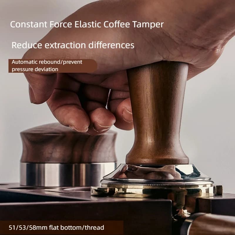 51mm 53mm 58mm Beech Wood Espresso Coffee Tamper Internal Spring Balanced Force Coffee Hammer Stainless Steel Base Barista Tools